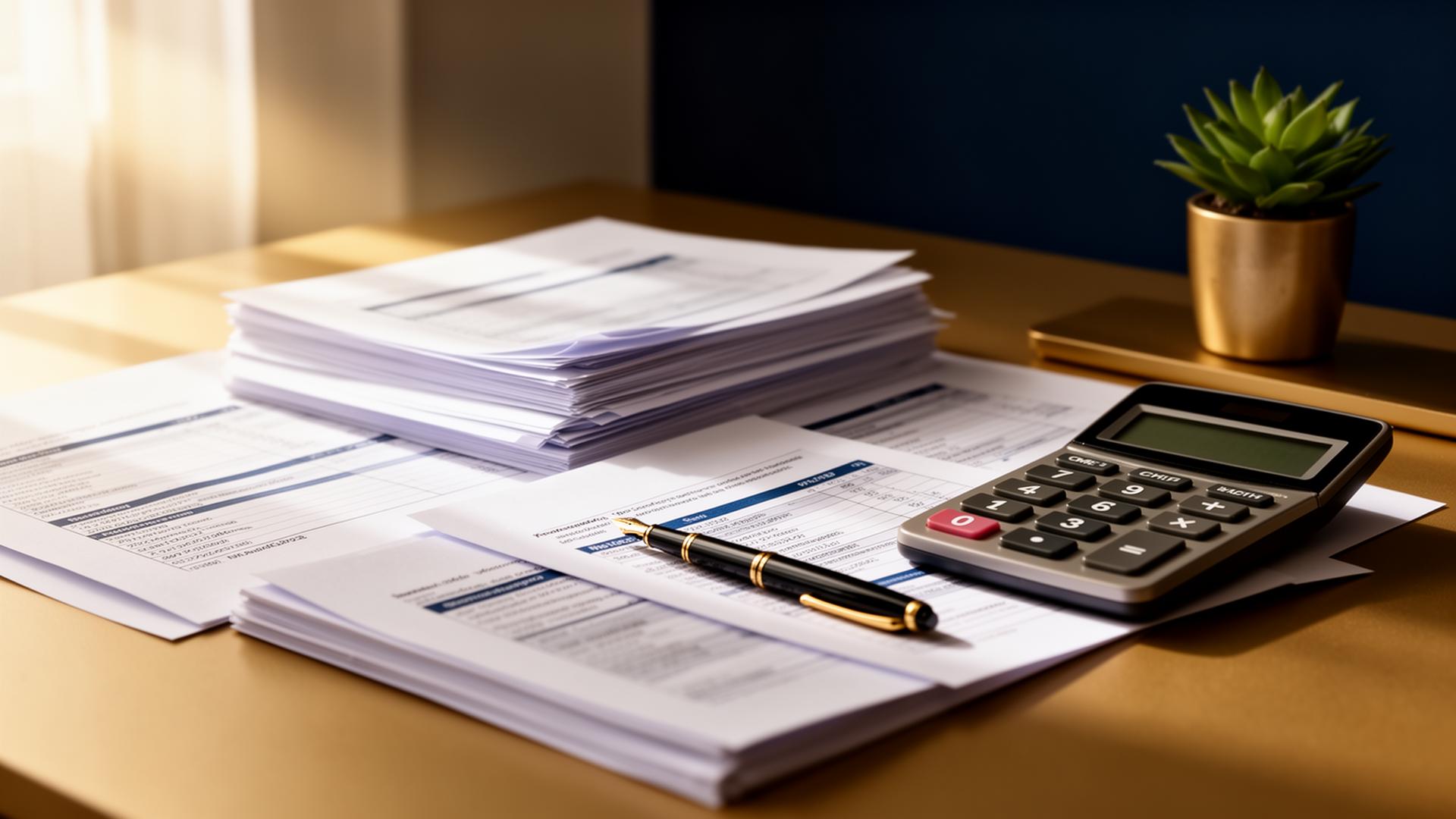 Tax documents, calculator, and pen on a sunlit desk